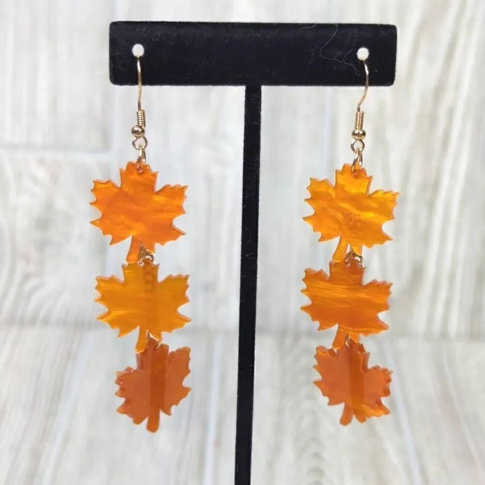 Acrylic Orange Maple Leaf Dangle Earrings Fall Autumn Wire Chain 3" Long